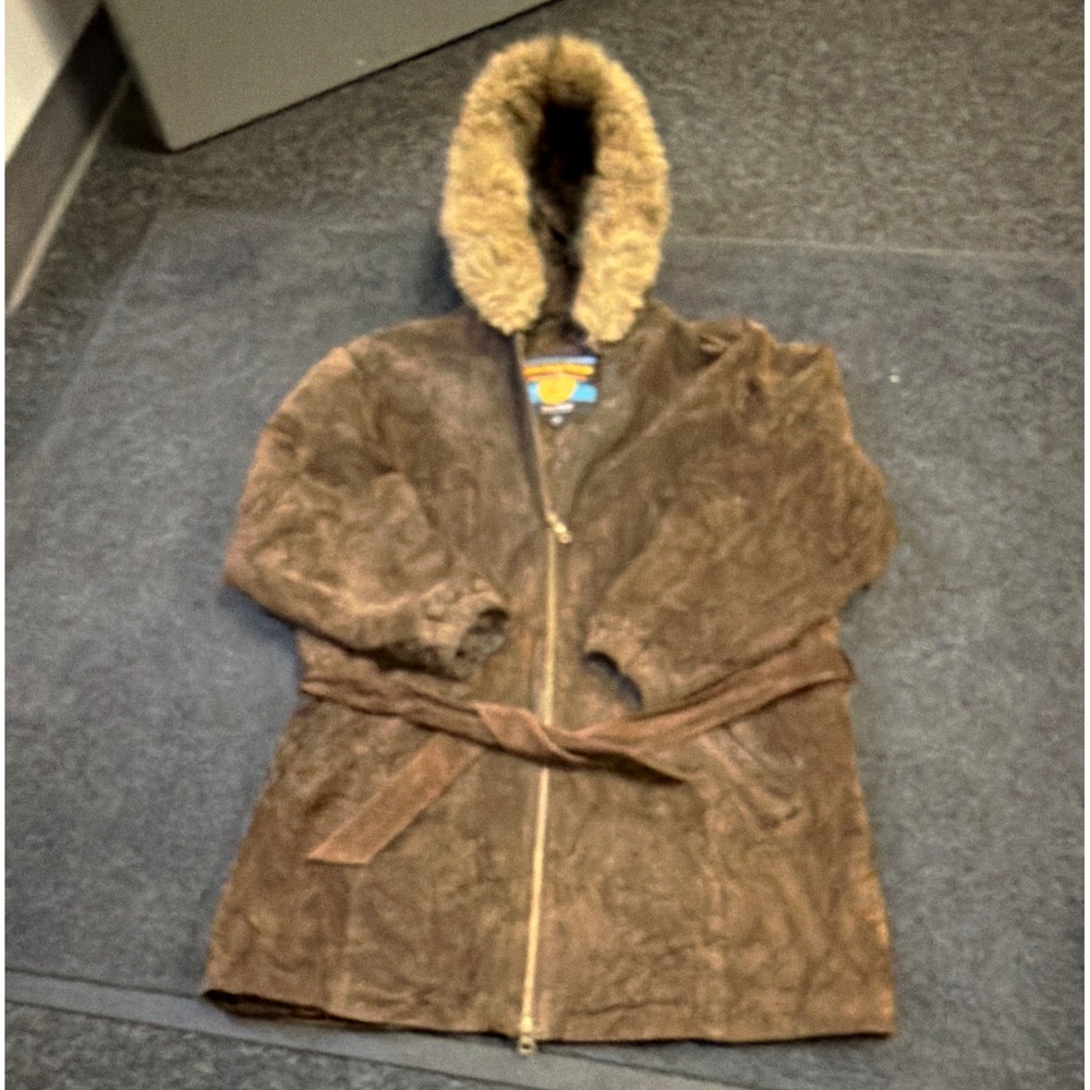 Adventure Bound Mens M Brown Leather Hooded Fur Trim Belted Long Coat Wilsons